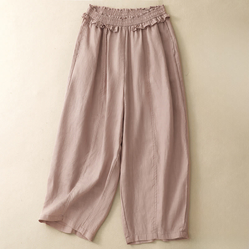 Nimara Ritual Summer Casual Minimalist Solid Ruffled Elastic Waist Cropped Pants Women's Straight Leg Pants With Pocket