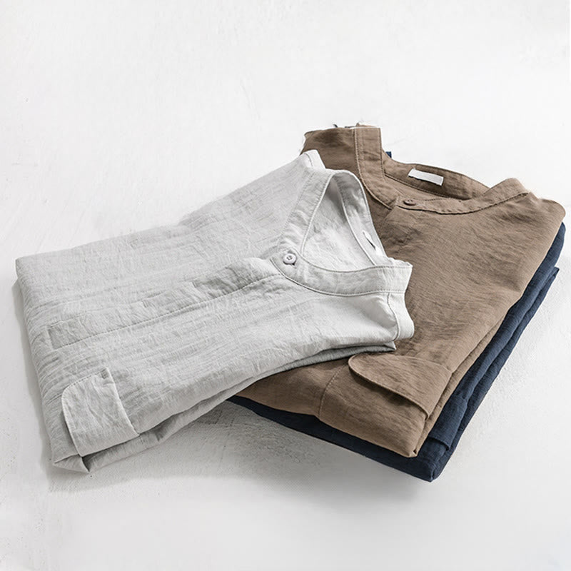 Nimara Ritual Summer Casual Tang Style Mandarin Collar Half Buttons Solid Men's Short Sleeve Shirts With Decorative Pocket
