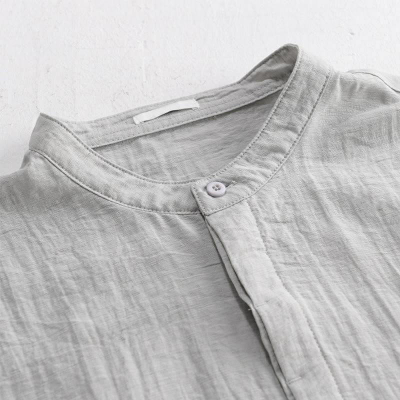 Nimara Ritual Summer Casual Tang Style Mandarin Collar Half Buttons Solid Men's Short Sleeve Shirts With Decorative Pocket