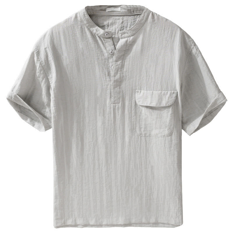 Nimara Ritual Summer Casual Tang Style Mandarin Collar Half Buttons Solid Men's Short Sleeve Shirts With Decorative Pocket