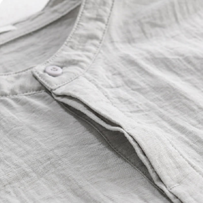 Nimara Ritual Summer Casual Tang Style Mandarin Collar Half Buttons Solid Men's Short Sleeve Shirts With Decorative Pocket