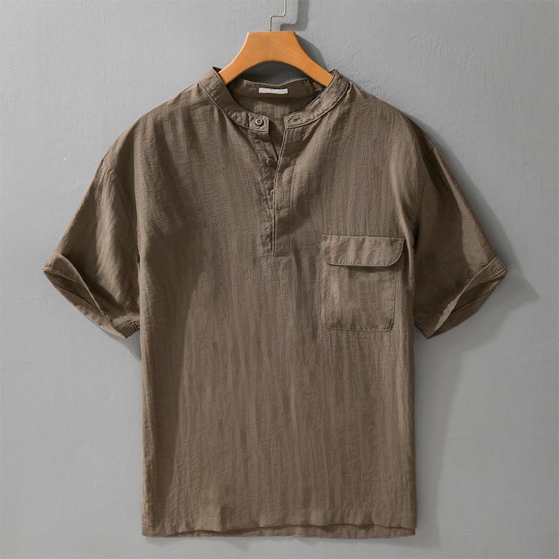 Nimara Ritual Summer Casual Tang Style Mandarin Collar Half Buttons Solid Men's Short Sleeve Shirts With Decorative Pocket