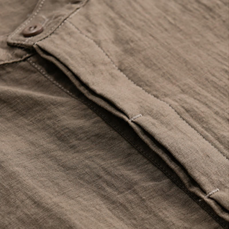 Nimara Ritual Summer Casual Tang Style Mandarin Collar Half Buttons Solid Men's Short Sleeve Shirts With Decorative Pocket