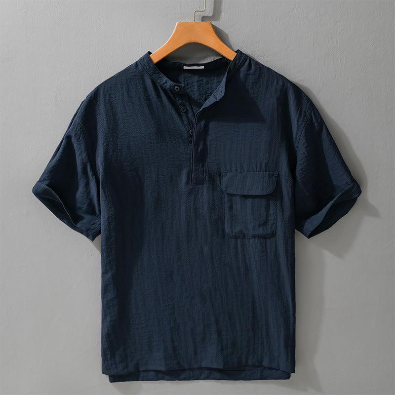 Nimara Ritual Summer Casual Tang Style Mandarin Collar Half Buttons Solid Men's Short Sleeve Shirts With Decorative Pocket