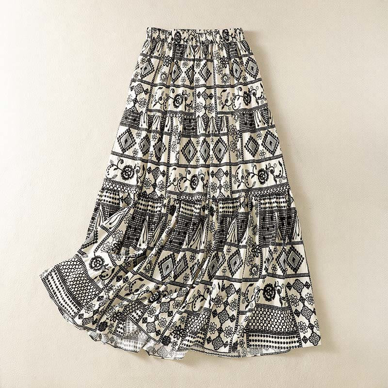 Nimara Ritual Summer Bohemian Casual Black Beige Geometric Floral Women's Skirt