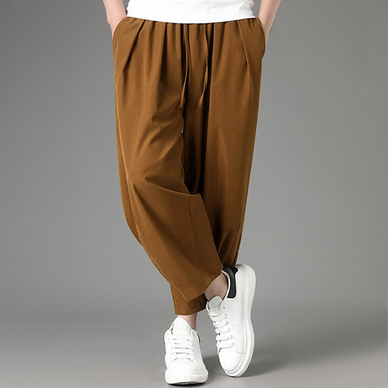 Nimara Ritual Summer Casual Minimalist Drawstring Solid Capri Pants Men's Harem Pants With Pockets