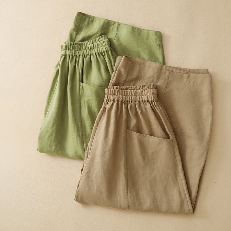 Nimara Ritual Summer Casual Solid Elastic Waist Cropped Pants Women's Wide Leg Pants With Pockets