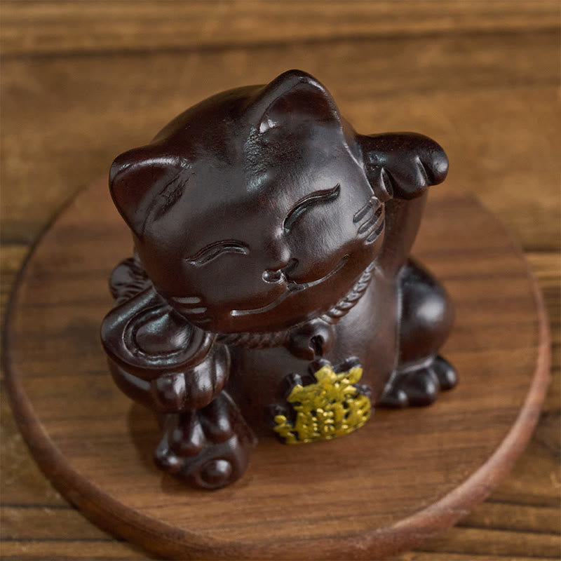 Nimara Ritual Attract Wealth Lucky Cat Ebony Wood Carved Blessing Decoration