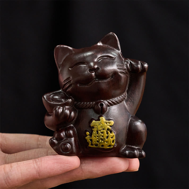Nimara Ritual Attract Wealth Lucky Cat Ebony Wood Carved Blessing Decoration