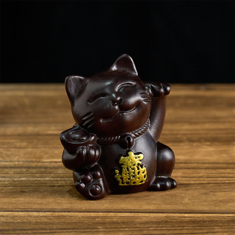 Nimara Ritual Attract Wealth Lucky Cat Ebony Wood Carved Blessing Decoration