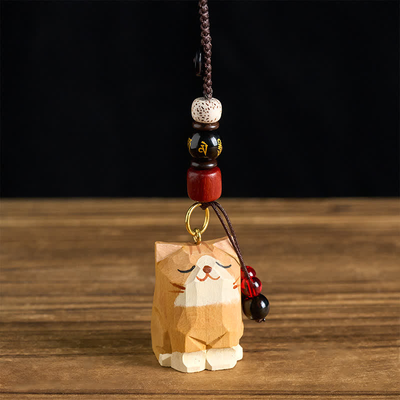 Nimara Ritual Hand Carved Wooden Cat Om Mani Padme Hum Peace Keychains