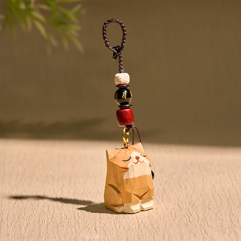 Nimara Ritual Hand Carved Wooden Cat Om Mani Padme Hum Peace Keychains