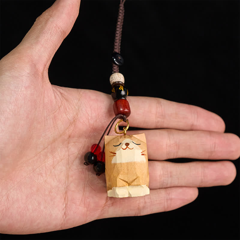 Nimara Ritual Hand Carved Wooden Cat Om Mani Padme Hum Peace Keychains