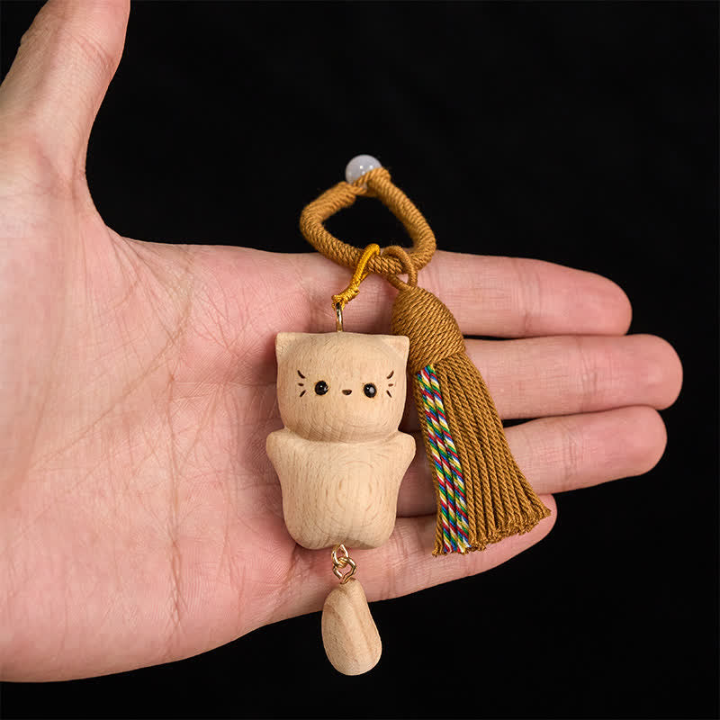 Nimara Ritual Beech Wood Lucky Cat Handmade Tassel Keychains