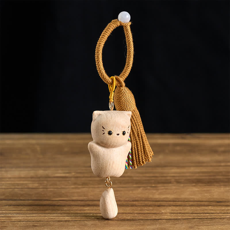 Nimara Ritual Beech Wood Lucky Cat Handmade Tassel Keychains