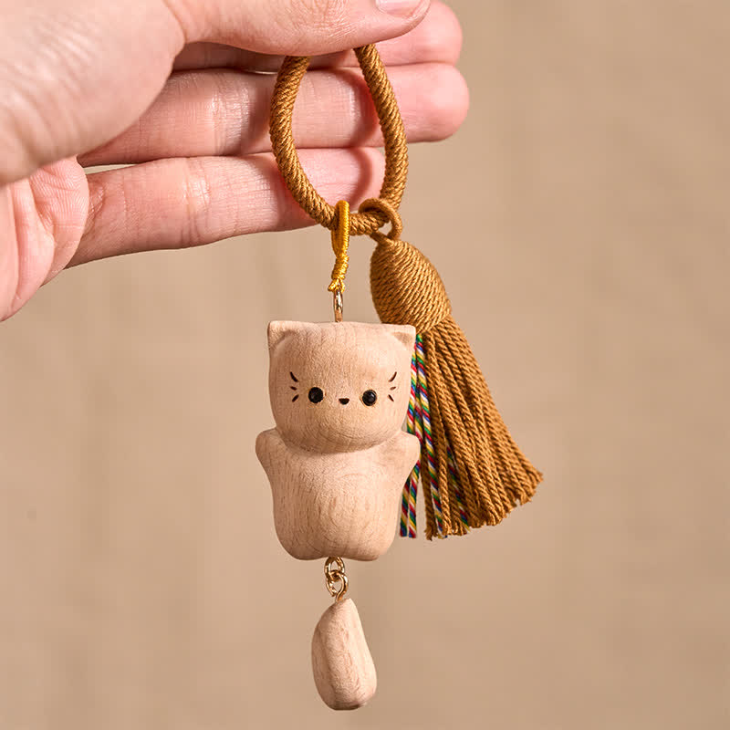 Nimara Ritual Beech Wood Lucky Cat Handmade Tassel Keychains
