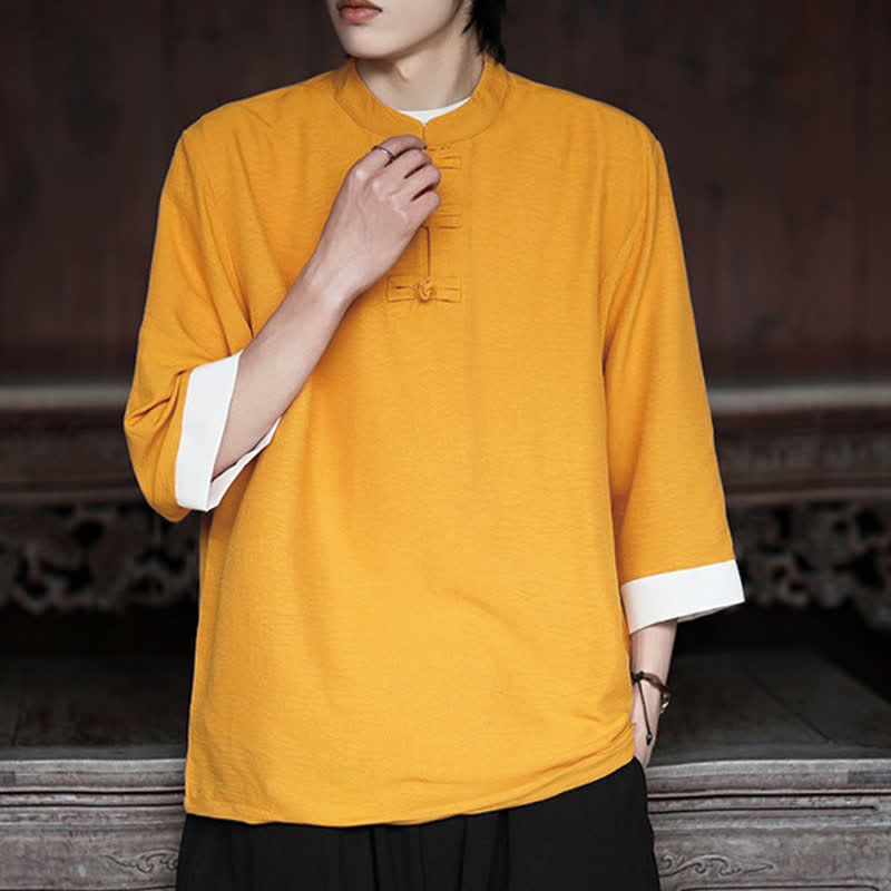 Nimara Ritual Summer Tang Style Vintage Mandarin Collar Frog Button Solid Men's Elbow-Length Sleeve Shirts