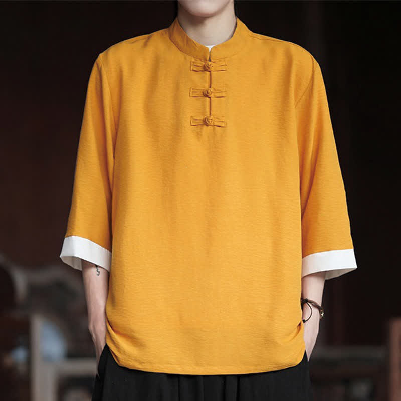 Nimara Ritual Summer Tang Style Vintage Mandarin Collar Frog Button Solid Men's Elbow-Length Sleeve Shirts
