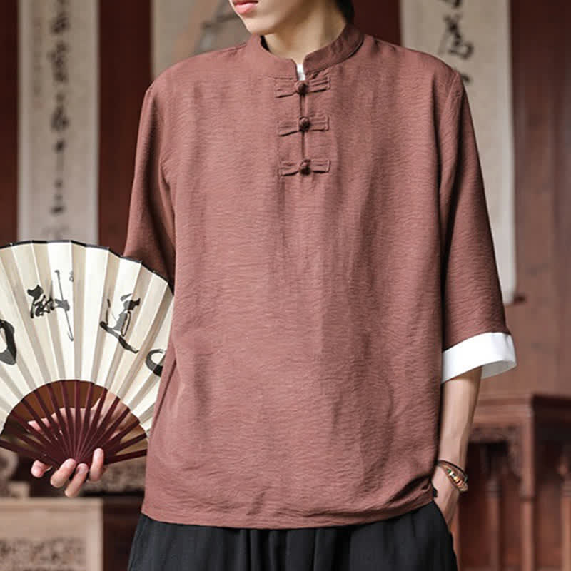 Nimara Ritual Summer Tang Style Vintage Mandarin Collar Frog Button Solid Men's Elbow-Length Sleeve Shirts