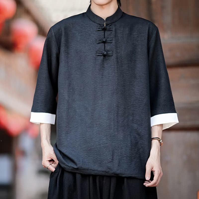 Nimara Ritual Summer Tang Style Vintage Mandarin Collar Frog Button Solid Men's Elbow-Length Sleeve Shirts