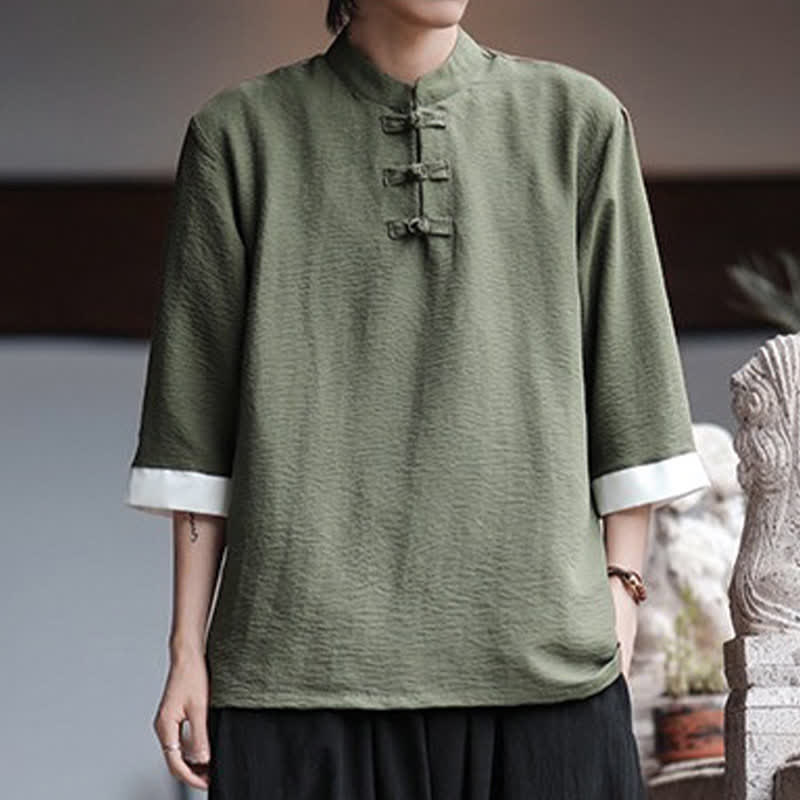 Nimara Ritual Summer Tang Style Vintage Mandarin Collar Frog Button Solid Men's Elbow-Length Sleeve Shirts