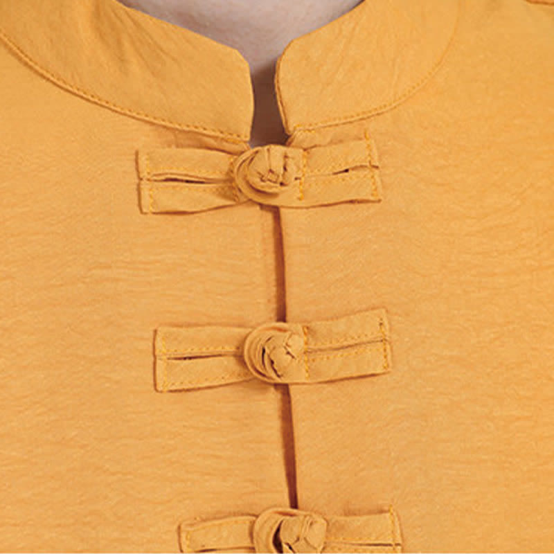 Nimara Ritual Summer Tang Style Vintage Mandarin Collar Frog Button Solid Men's Elbow-Length Sleeve Shirts