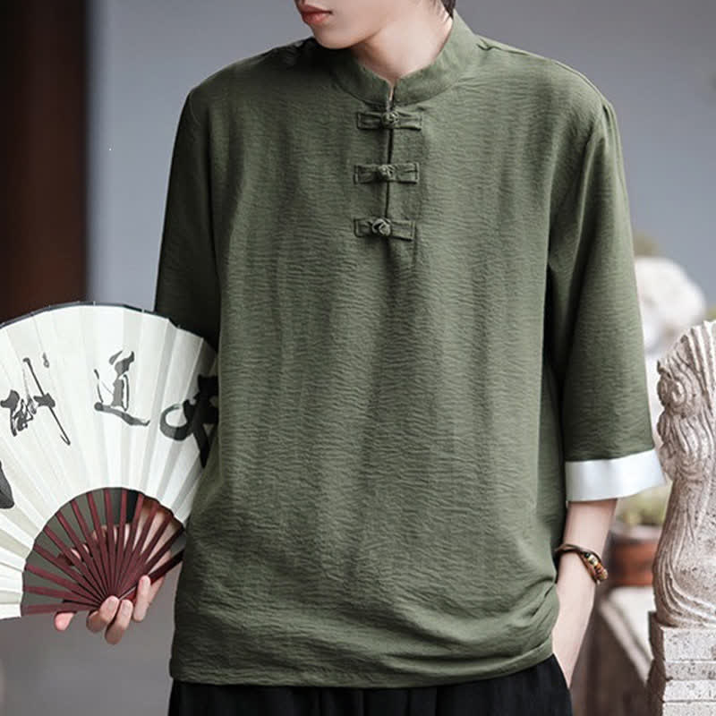 Nimara Ritual Summer Tang Style Vintage Mandarin Collar Frog Button Solid Men's Elbow-Length Sleeve Shirts