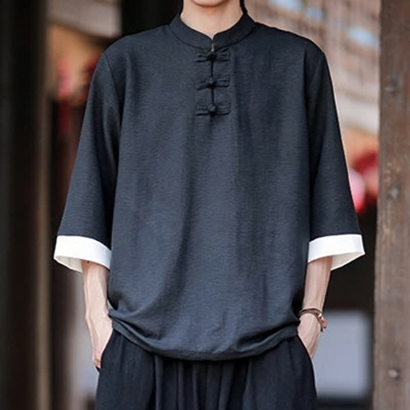 Nimara Ritual Summer Tang Style Vintage Mandarin Collar Frog Button Solid Men's Elbow-Length Sleeve Shirts