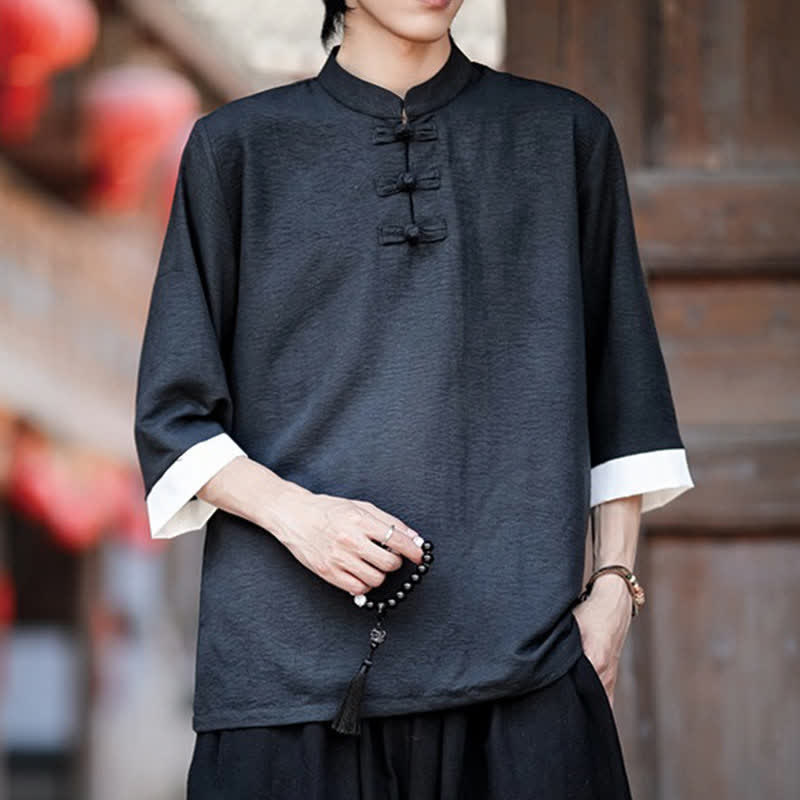 Nimara Ritual Summer Tang Style Vintage Mandarin Collar Frog Button Solid Men's Elbow-Length Sleeve Shirts