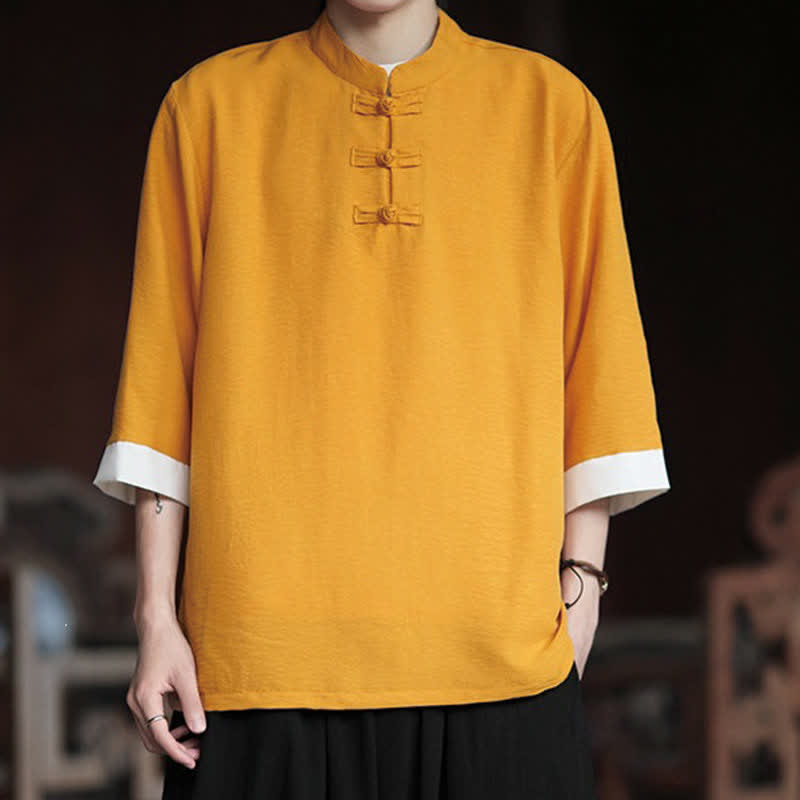 Nimara Ritual Summer Tang Style Vintage Mandarin Collar Frog Button Solid Men's Elbow-Length Sleeve Shirts