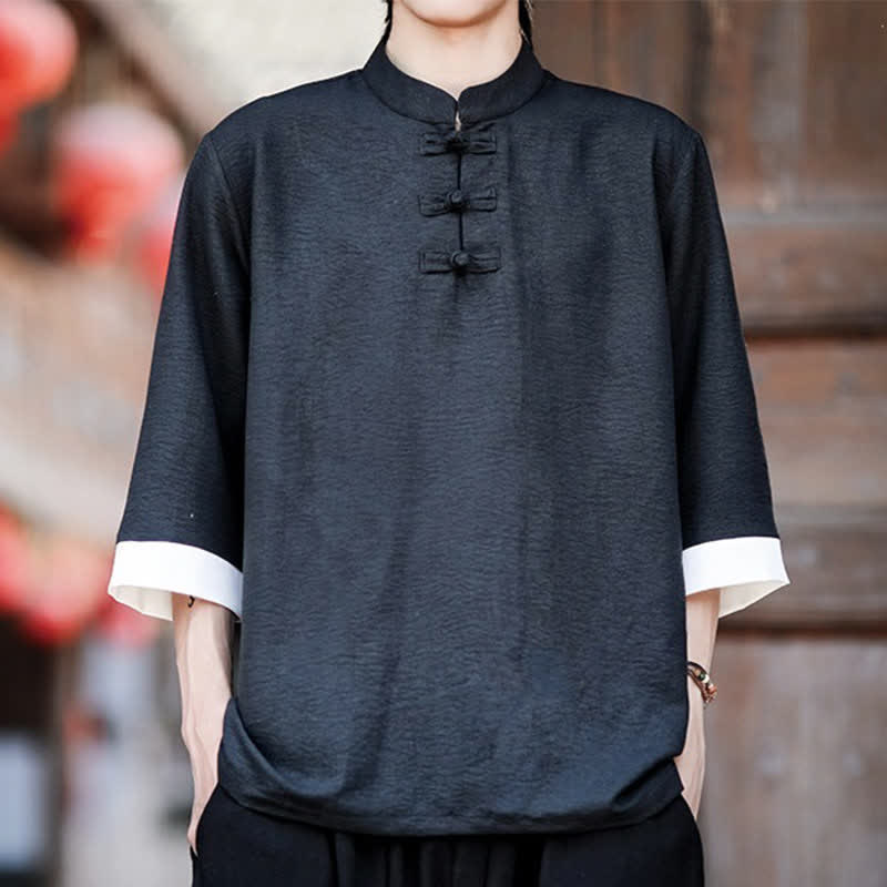 Nimara Ritual Summer Tang Style Vintage Mandarin Collar Frog Button Solid Men's Elbow-Length Sleeve Shirts