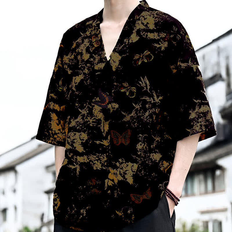 Nimara Ritual Summer Casual Tang Style Floral V-Neck Men's Short Sleeve T-Shirts