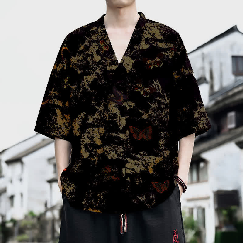 Nimara Ritual Summer Casual Tang Style Floral V-Neck Men's Short Sleeve T-Shirts