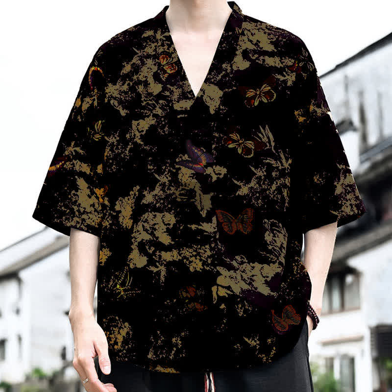 Nimara Ritual Summer Casual Tang Style Floral V-Neck Men's Short Sleeve T-Shirts