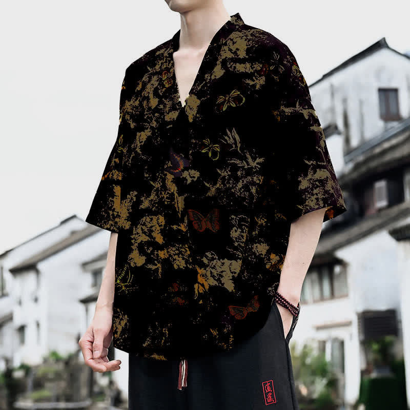 Nimara Ritual Summer Casual Tang Style Floral V-Neck Men's Short Sleeve T-Shirts