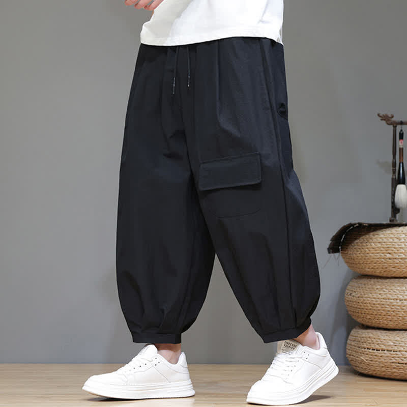 Nimara Ritual Summer Casual Minimalist Drawstring Solid Capri Pants Men's Harem Pants With Pockets