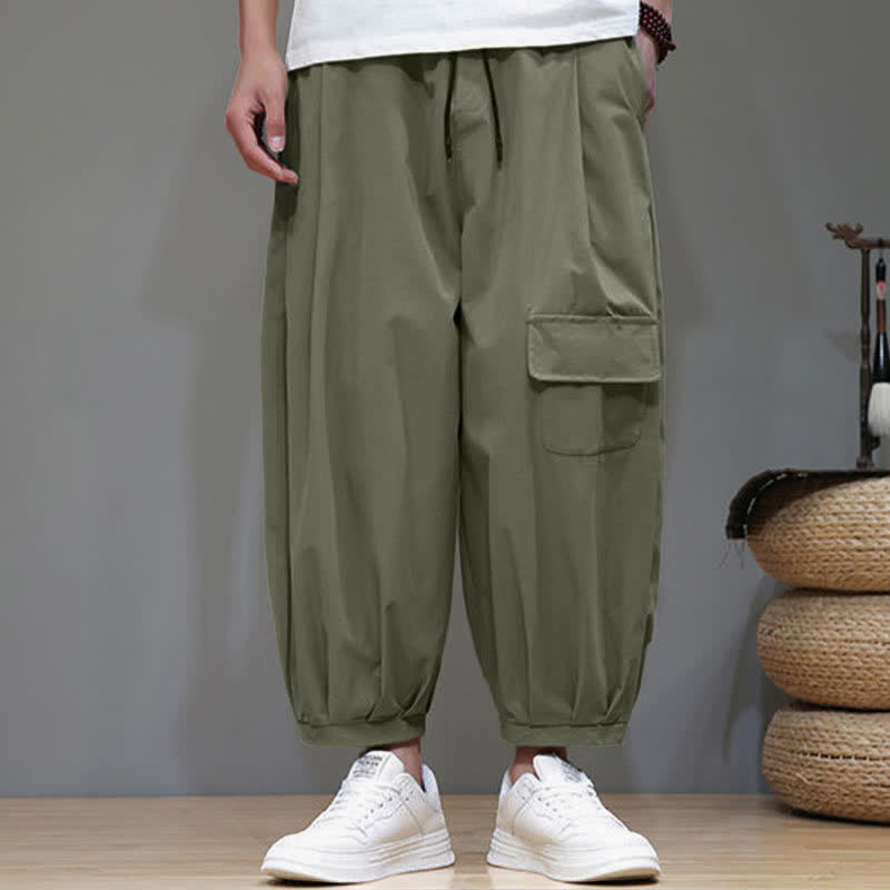 Nimara Ritual Summer Casual Minimalist Drawstring Solid Capri Pants Men's Harem Pants With Pockets