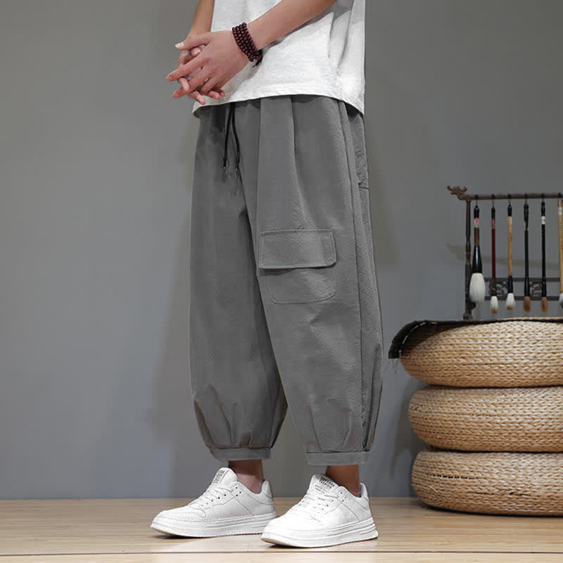Nimara Ritual Summer Casual Minimalist Drawstring Solid Capri Pants Men's Harem Pants With Pockets