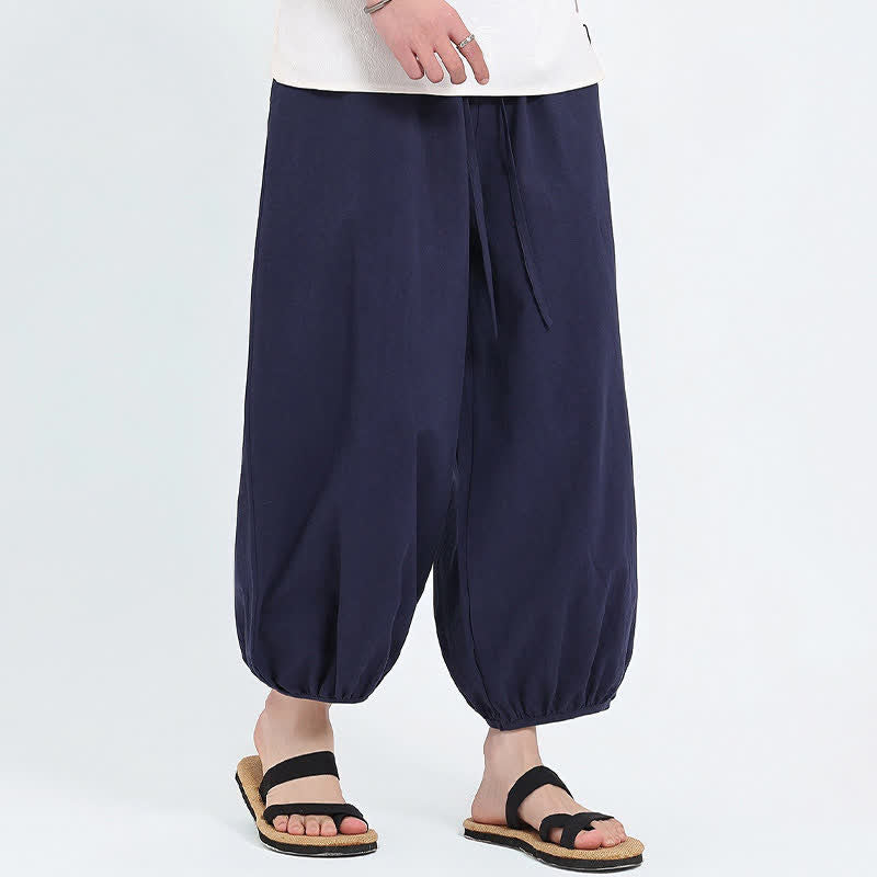 Nimara Ritual Summer Tang Style Casual Drawstring Solid Cropped Pants Men's Harem Pants With Pockets