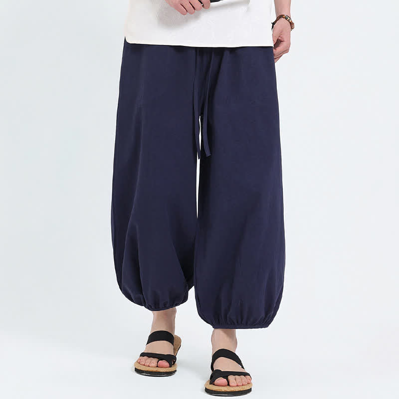 Nimara Ritual Summer Tang Style Casual Drawstring Solid Cropped Pants Men's Harem Pants With Pockets