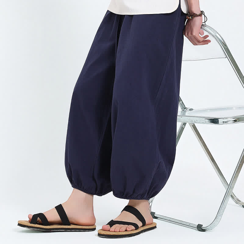 Nimara Ritual Summer Tang Style Casual Drawstring Solid Cropped Pants Men's Harem Pants With Pockets