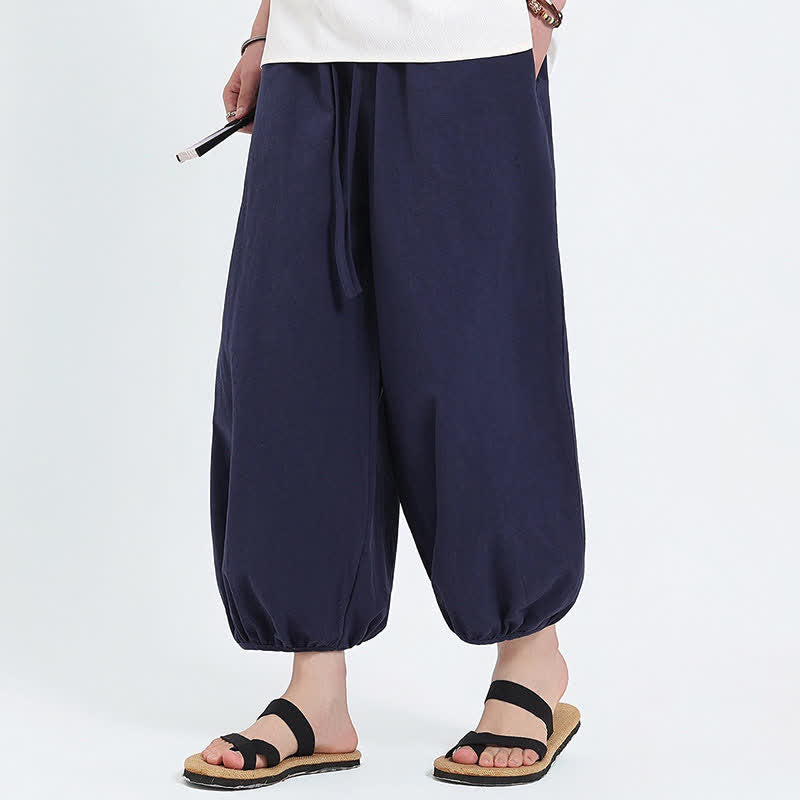 Nimara Ritual Summer Tang Style Casual Drawstring Solid Cropped Pants Men's Harem Pants With Pockets