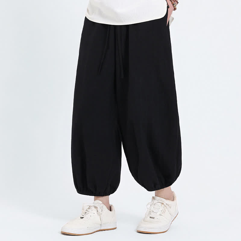 Nimara Ritual Summer Tang Style Casual Drawstring Solid Cropped Pants Men's Harem Pants With Pockets
