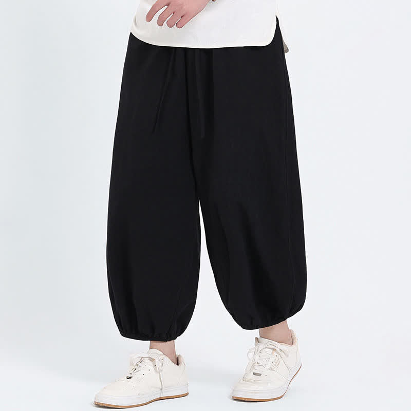 Nimara Ritual Summer Tang Style Casual Drawstring Solid Cropped Pants Men's Harem Pants With Pockets