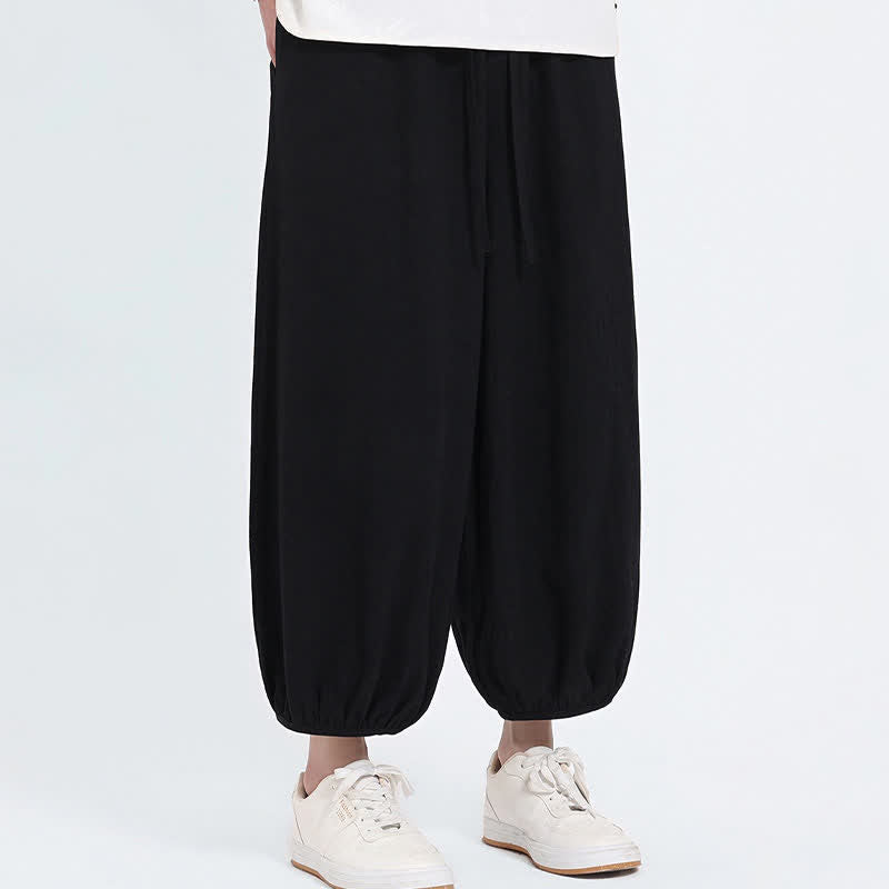 Nimara Ritual Summer Tang Style Casual Drawstring Solid Cropped Pants Men's Harem Pants With Pockets