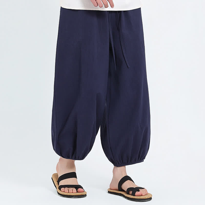 Nimara Ritual Summer Tang Style Casual Drawstring Solid Cropped Pants Men's Harem Pants With Pockets