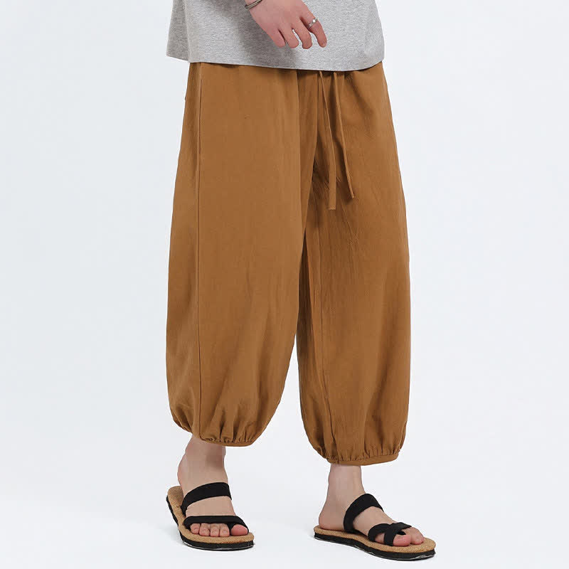 Nimara Ritual Summer Tang Style Casual Drawstring Solid Cropped Pants Men's Harem Pants With Pockets