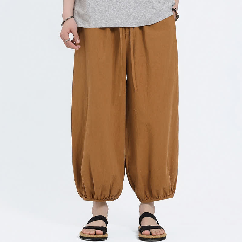 Nimara Ritual Summer Tang Style Casual Drawstring Solid Cropped Pants Men's Harem Pants With Pockets