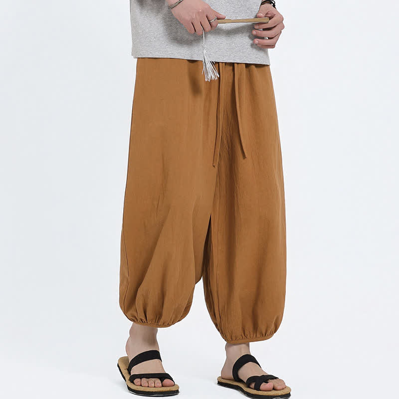 Nimara Ritual Summer Tang Style Casual Drawstring Solid Cropped Pants Men's Harem Pants With Pockets
