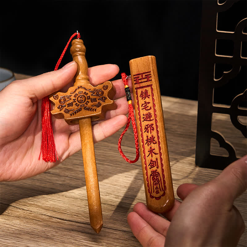 Nimara Ritual Peach Wood Dragon Yin Yang Ritual Protection Sword Hanging Decor